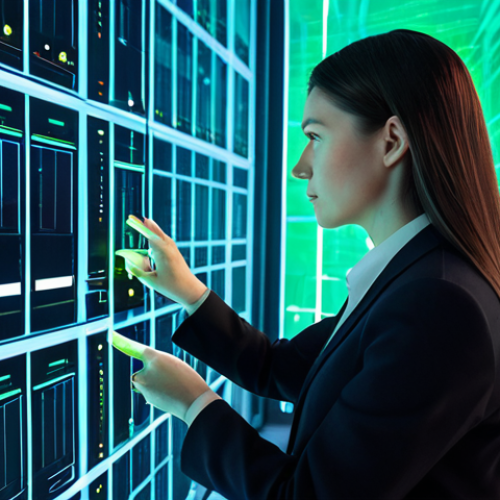 Home 6 A professional data engineer, a woman, in a modest business suit, standing in a futuristic, clean data center bathed in soft blue and green light. She is interacting with a translucent holographic interface displaying intricate, flowing lines of data and real-time metrics, representing continuous data streams. The environment is high-tech and organized, with servers subtly visible in the background. The lighting highlights her focused expression, safe for work, appropriate content, fully clothed, professional, perfect anatomy, correct proportions, natural pose, well-formed hands, proper finger count, natural body proportions, professional photography, high quality.