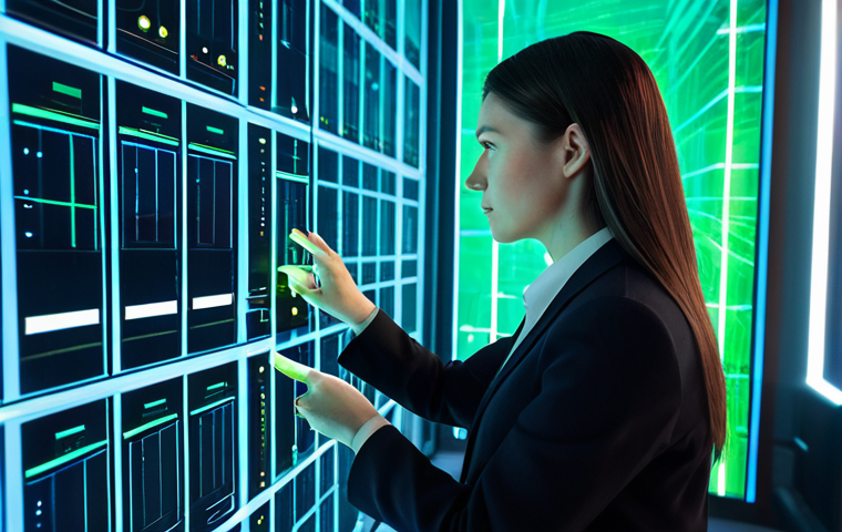 A professional data engineer, a woman, in a modest business suit, standing in a futuristic, clean data center bathed in soft blue and green light. She is interacting with a translucent holographic interface displaying intricate, flowing lines of data and real-time metrics, representing continuous data streams. The environment is high-tech and organized, with servers subtly visible in the background. The lighting highlights her focused expression, safe for work, appropriate content, fully clothed, professional, perfect anatomy, correct proportions, natural pose, well-formed hands, proper finger count, natural body proportions, professional photography, high quality.