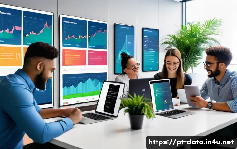 데이터사이언스와 소셜 미디어 분석 - A vibrant digital marketing office scene showing a diverse team of young professionals analyzing soc...