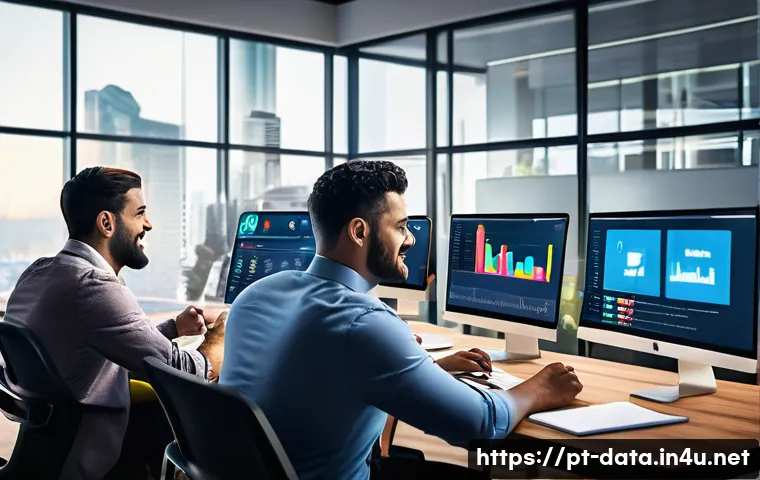 데이터사이언스와 감성 분석 - A vibrant digital workspace scene featuring a diverse group of Brazilian professionals analyzing soc...