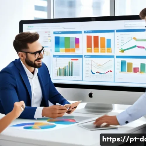 Home 32 데이터사이언스에서 SQL 활용 - A modern office environment with a diverse group of professionals collaborating around a large touch...