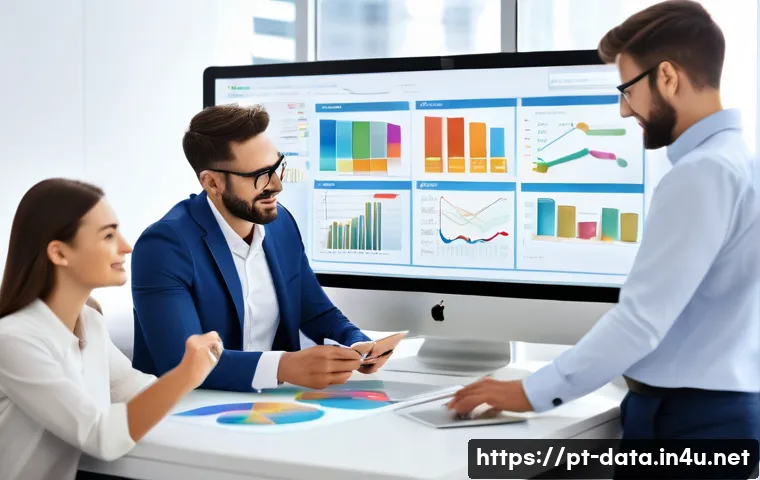 데이터사이언스에서 SQL 활용 - A modern office environment with a diverse group of professionals collaborating around a large touch...
