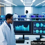 Home 19 데이터사이언스와 생물정보학 - A high-tech bioinformatics laboratory scene showing diverse scientists of various ethnicities analyz...