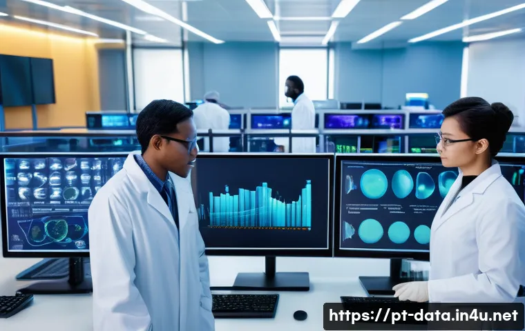 데이터사이언스와 생물정보학 - A high-tech bioinformatics laboratory scene showing diverse scientists of various ethnicities analyz...