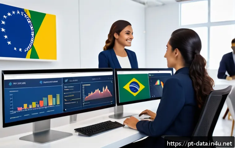 데이터사이언스와 인공지능 - A modern Brazilian retail store office with a diverse team of professionals using real-time data ana...