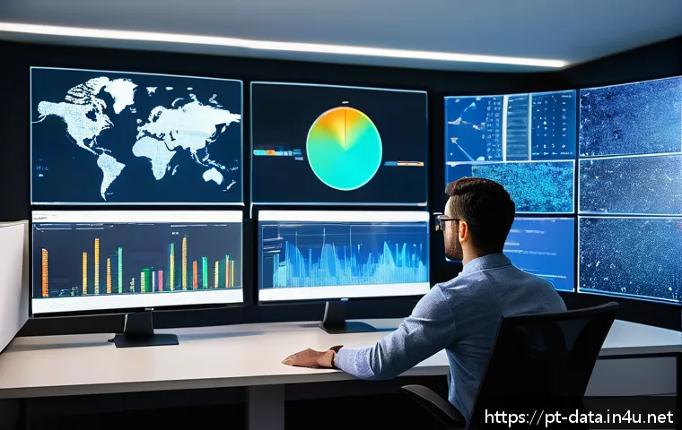 데이터사이언스에서 비지도학습 - A modern data scientist working in a bright, spacious office filled with multiple large monitors dis...